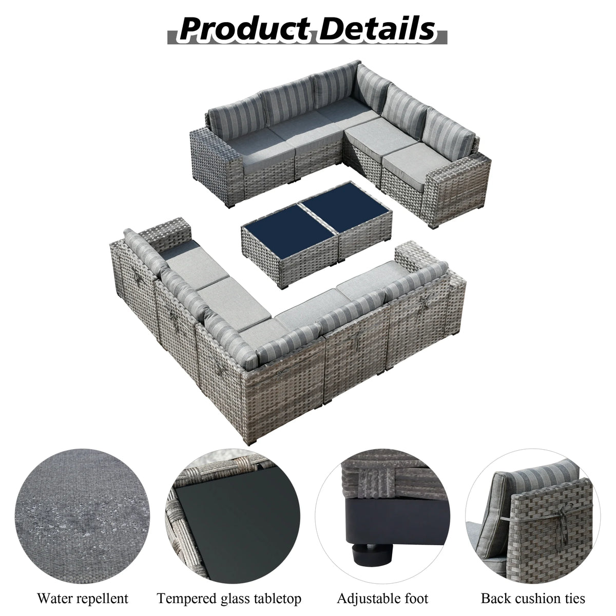 Ovios 12 Pieces Outdoor Furniture All Weather Wicker Patio Conversation Sectional Sofa Set with Side Table for Garden Backyard
