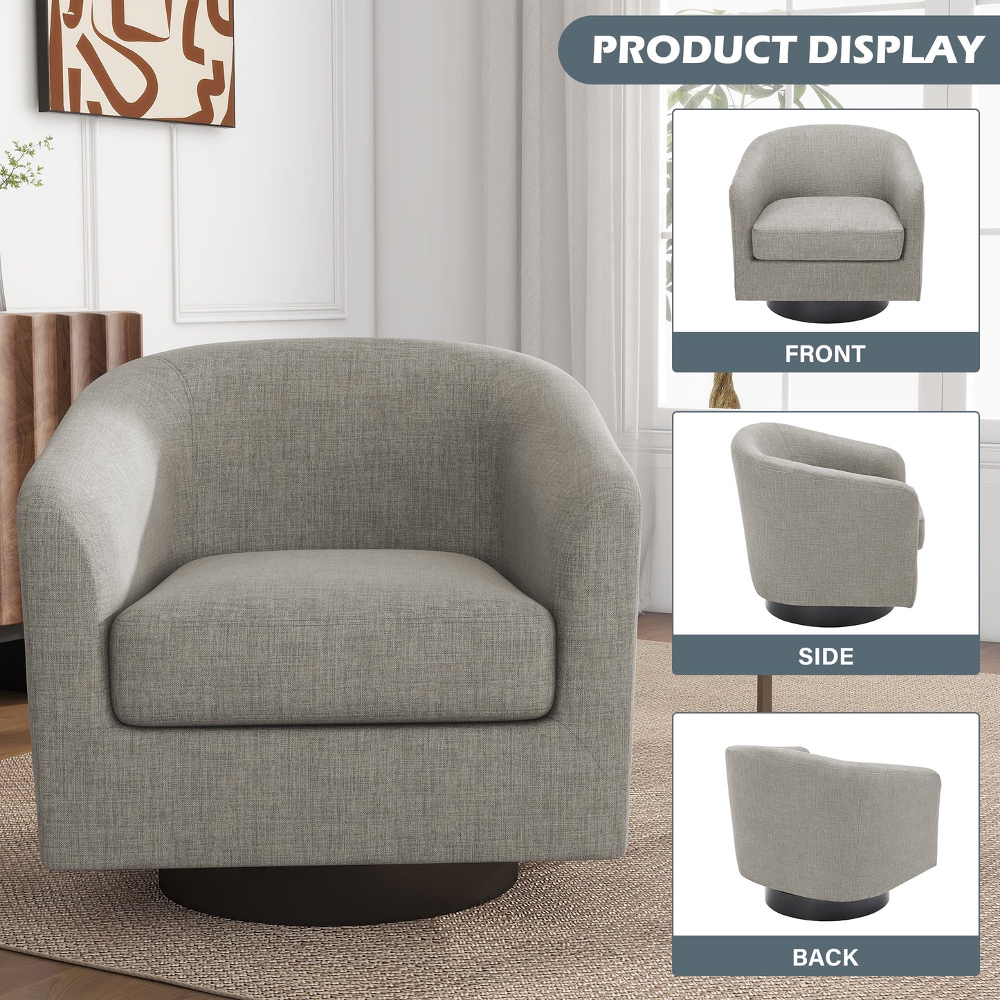 UIXE Swivel Accent Chair, Upholstered Fabric Barrel Chair for Living Room, Small Single Sofa Bedroom Reading Seat, Light Gray