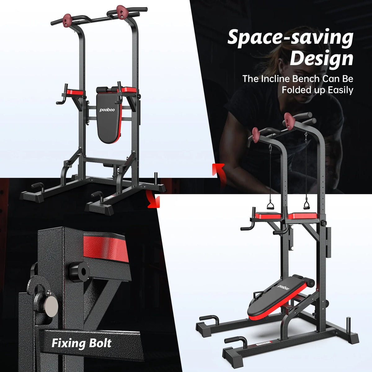LNOW Multifunction Power Tower Pull up Bar Dip Station Power Rack with Adjustable Backrest for Home Gym Strength Training Workout Equipment Max Weight 480lbs
