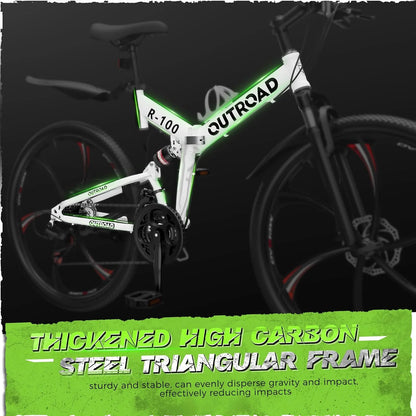 SUNCROWN 26 Inch Folding Mountain Bike, 21 Speed Full Suspension High-Carbon Steel MTB Foldable Bicycle, Dual Disc Brake Non-Slip Folding Bikes for Adults/Men/Women, Black