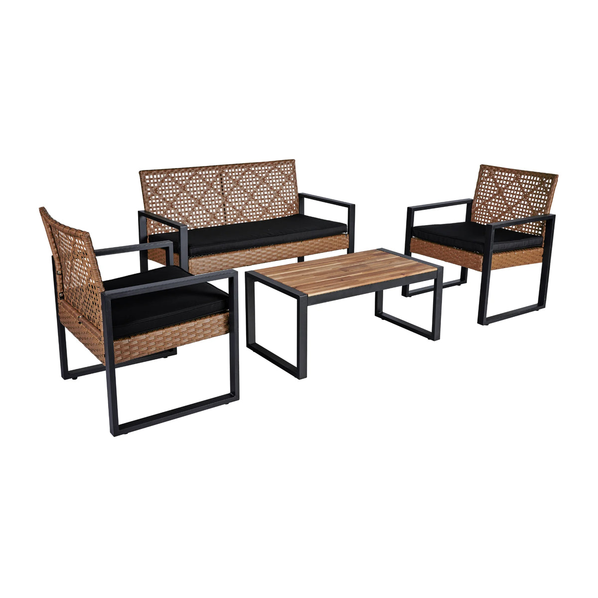 Heavy-duty Patio Furniture Set, 4 Piece Outdoor Sectional Conversation Sets, BrownPE Rattan Patio Sofa Set with Blue Cushions