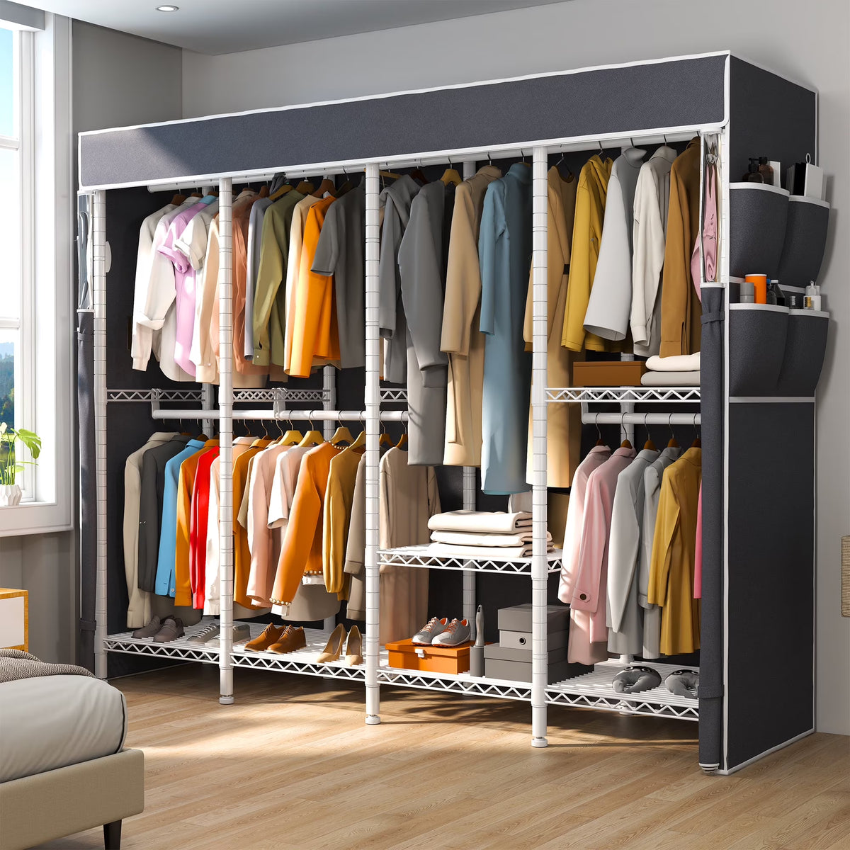 EnHomee 76"W Clothes Rack with Cover,1100LBS Heavy Duty Wardrobe Closet Organizer,Adjustable Portable Closet��Black