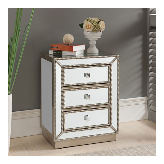 Coast to Coast Accents Modern Antique Silver Mirrored Rectangular Accent Table 20" x 15" with 3-Drawer for Living Room Bedroom