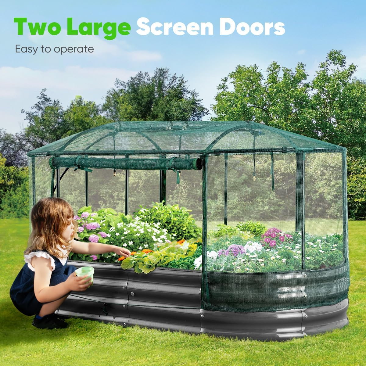 Quictent 8x3x1 ft Galvanized Raised Garden Bed Kit with Self Watering System and Mesh Cover, Large Oval Metal Outdoor Planter Garden Boxes for Vegetables Herbs Flowers