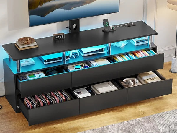 Afuhokles TV Stand with Mount and Power Outlet, TV Mount for up to 75 inch TVs, Modern LED TV Stand with 6 Drawers, Black