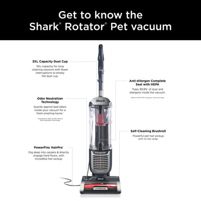 Shark Upright Vacuum, Rotator Pet, Pet Friendly, Bagless, PowerFins HairPro Brushroll, HEPA Filter, Odor Neutralizer, Hard Floor and Carpet, Swivel Steering, ZU100, Chimera
