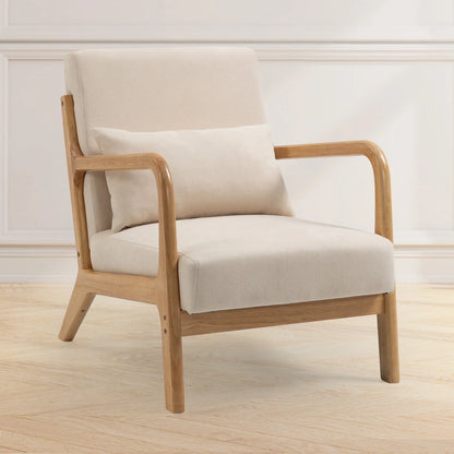 Accent Chairs, Single Linen Lounge Reading Armchair with Solid Wood Frame, Mid Century Modern Easy Assembly Arm Chairs for Living Room-Beige