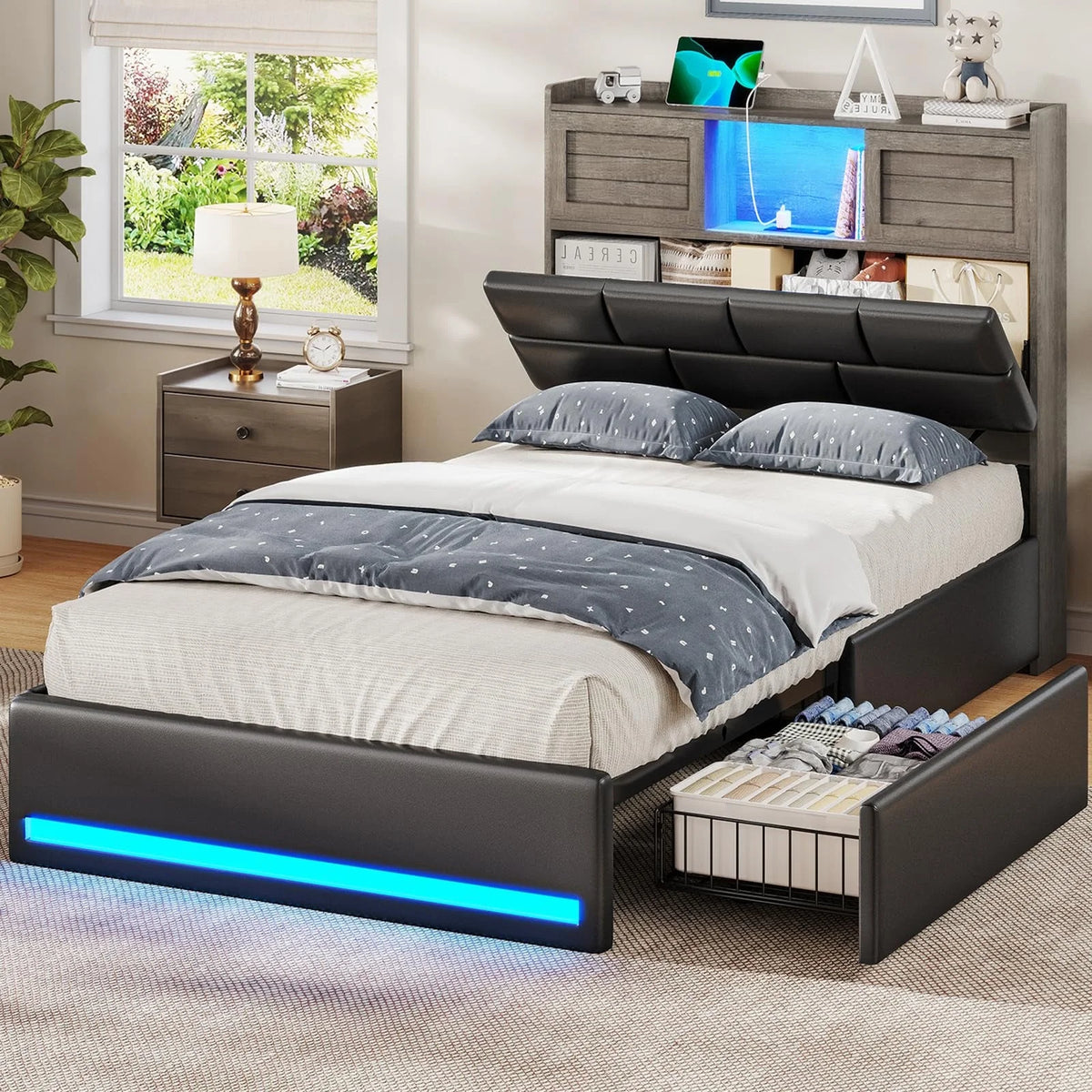 Twin Bed Frame with Bookcase Headboard and Storage, Barn Doors Twin Size Upholstered Beds with 4 Under Bed Storage Drawers & Charging Station & LED Lights, Grey