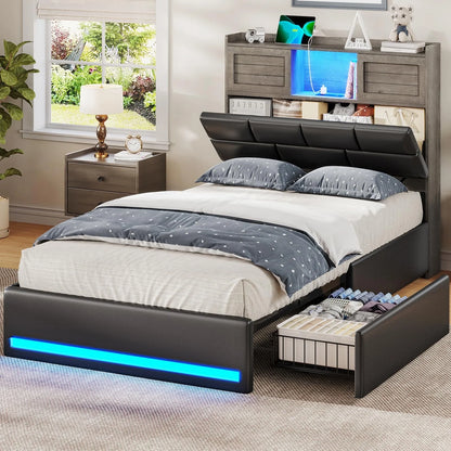 Twin Bed Frame with Bookcase Headboard and Storage, Barn Doors Twin Size Upholstered Beds with 4 Under Bed Storage Drawers & Charging Station & LED Lights, Grey