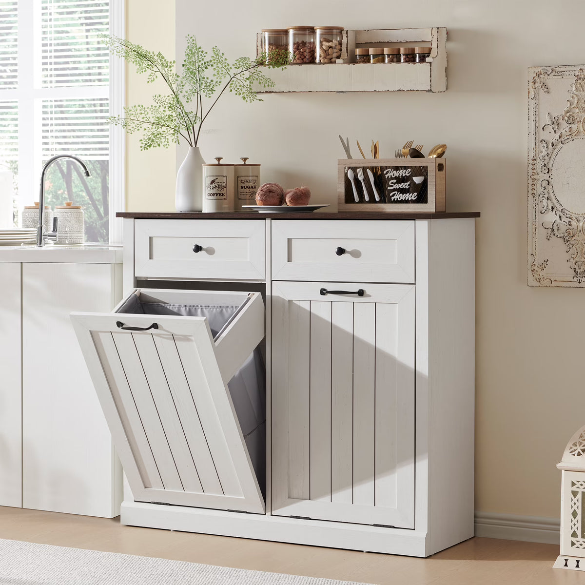 SinCiDo Kitchen Double Tilt Out Trash Can Cabinet, 20 Gallon Farmhouse Wooden Trash Garbage Can with Drawer
