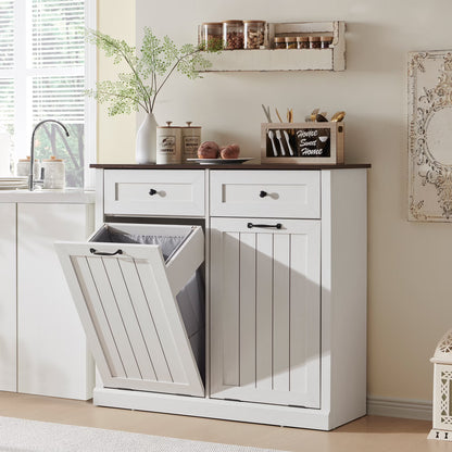 SinCiDo Kitchen Double Tilt Out Trash Can Cabinet, 20 Gallon Farmhouse Wooden Trash Garbage Can with Drawer