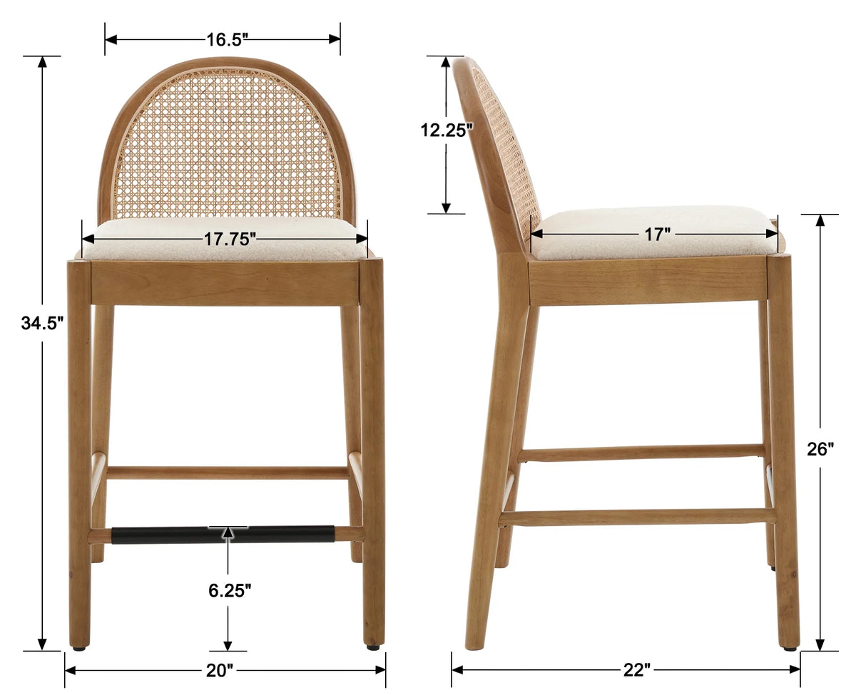 Guyou Modern Bar Stools Set of 2, 26" Counter Height Bar Stools with Natural Rattan Back and Solid Wood Frame, Sherpa Upholstered Kitchen Island Chairs for Bar Island Cafe Kitchen, Black