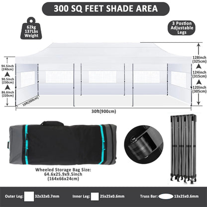 COBIZI 10x20 Heavy Duty Pop up Canopy Tent with 6 sidewalls Easy Up Commercial Outdoor Canopy Wedding Party Tent for Beach All Season Wind & Waterproof Gazebo with Roller Bag,Black(Frame Thickened)