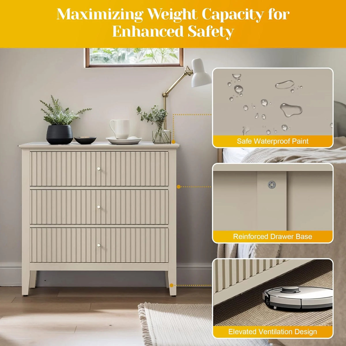 May Color Large White 3 Drawer Dresser Set of 2 with Fluted Panel, Modern Chest of Drawers with Silent Slide Drawers, Wood Accent Nightstand with Storage for Bedroom Living Room, Hallway