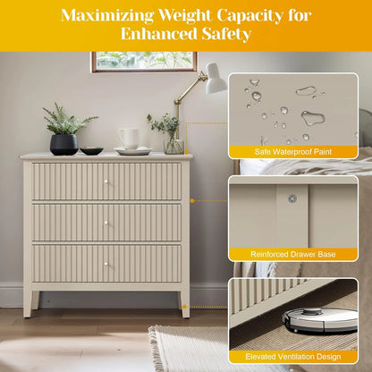 May Color Large White 3 Drawer Dresser Set of 2 with Fluted Panel, Modern Chest of Drawers with Silent Slide Drawers, Wood Accent Nightstand with Storage for Bedroom Living Room, Hallway
