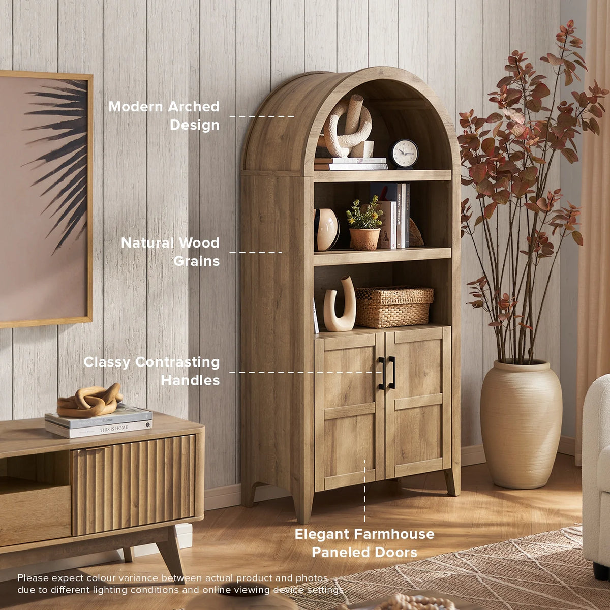 mopio Lauren 65.4" Arched Cabinet, 5-Tier Arched Bookcase with Doors and Shelves, Arched Bookshelf with Storage, Kitchen Pantry Cabinet, Wooden Storage Cabinet for Living Room, Kitchen (Oak)