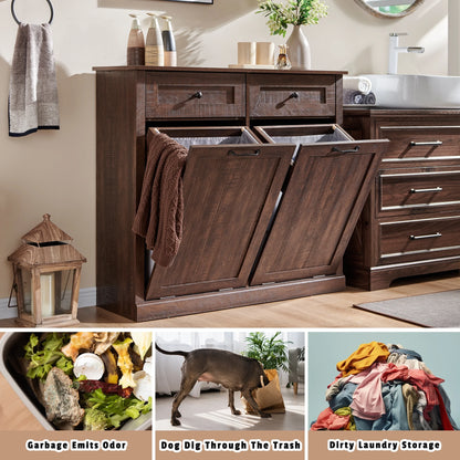 SinCiDo Kitchen Double Tilt Out Trash Can Cabinet, 20 Gallon Farmhouse Wooden Trash Garbage Can with Drawer