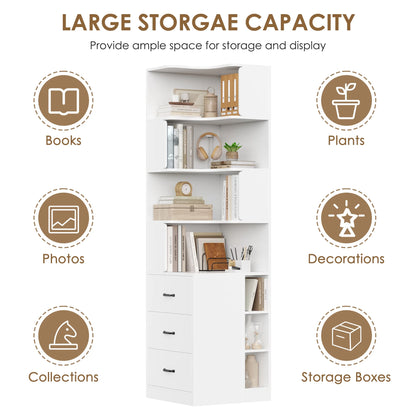 Hiphuta 77"Tall L-Shaped Corner Bookshelf with Drawers and Side Storage, Modern Wood Bookcase with 4-Tier Display Shelves Storage Cabinet for Living Room Home Office , Black