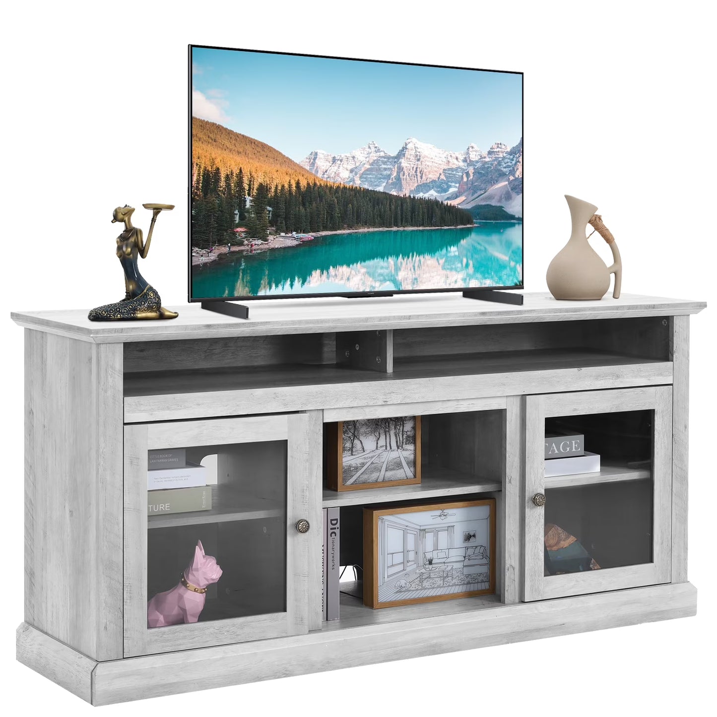 TV Stand for 65 Inch TV, Entertainment Center with Two Glass Barn Doors and Storage Cabinet Table, Farmhouse Style Media Console Table for Living Room(Coffee)
