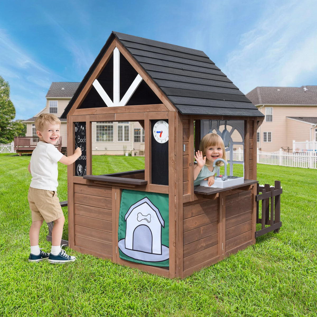 COCLUB Outdoor Playhouse, Wooden Playhouse for Kids Toddlers, Large Kids Playhouse with Bench/Fence/Kitchen/Door Nameplate/Pretend Phone, Girls Boys Outdoor Toy Gift for Ages 3+, (62.99"W* 67.32"L)