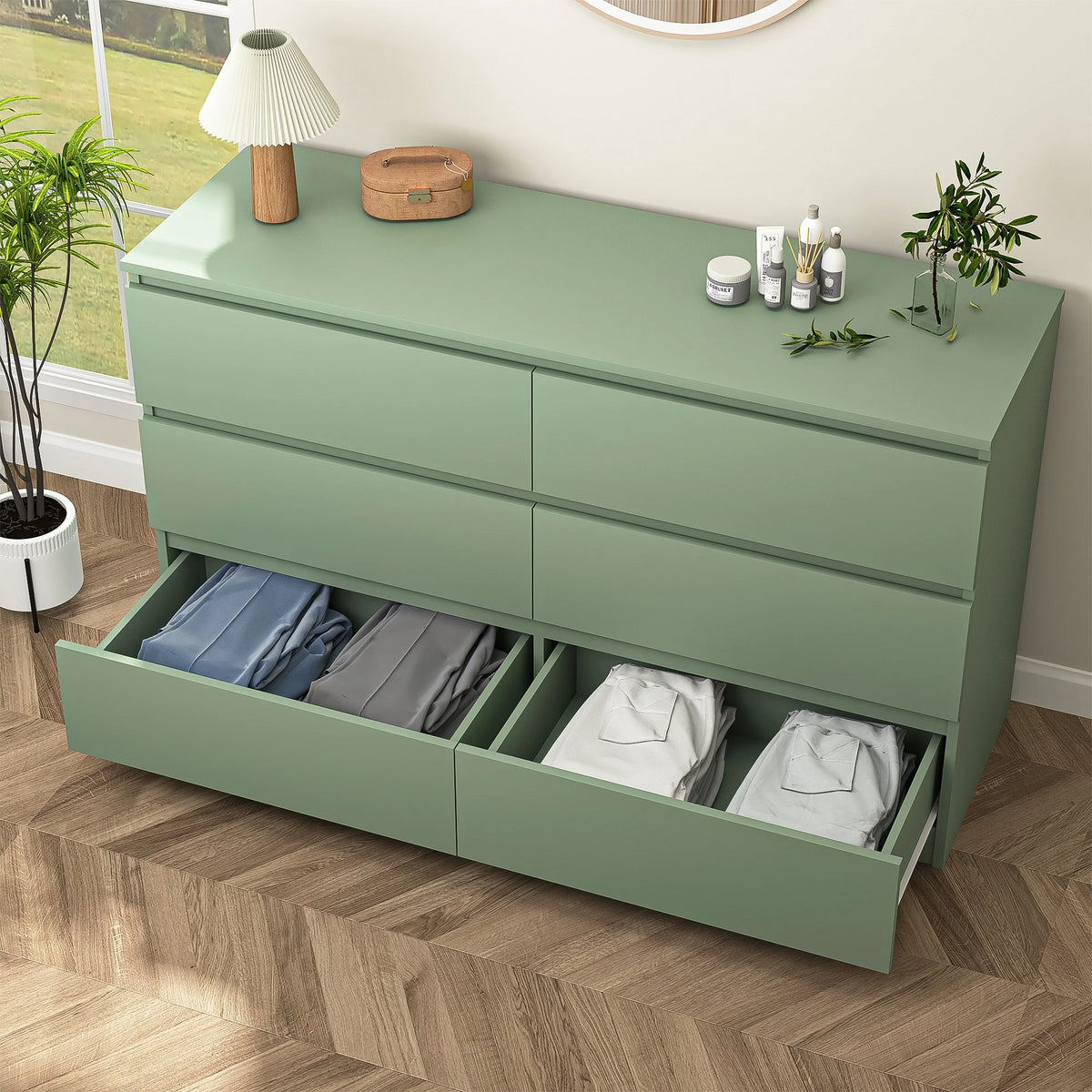 Resenkos Modern Mid Century 6 Drawer Wide Dressers Chests for Bedroom, Chest of Drawer Organizer Grey