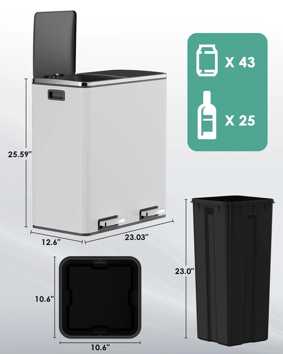 LAZY BUDDY Dual Garbage Can, Stainless Steel 16 Gallon Step Kitchen Trash Can with Soft-Close Lid, Double Compartment Garbage Recycling Bin