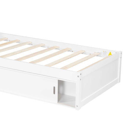 Euroco Pine Wood L-Shaped Twin Platform Bed with Storage Desk, Cabinets, Trundle and LED Light for Kids Teens, Gray