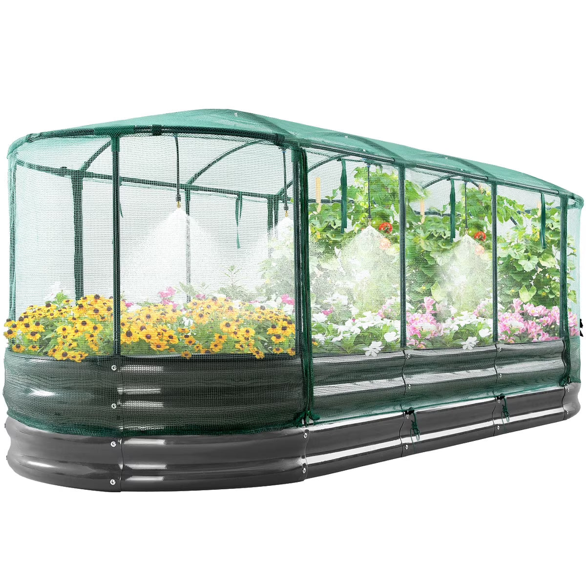 Quictent 8x3x1 ft Galvanized Raised Garden Bed Kit with Self Watering System and Mesh Cover, Large Oval Metal Outdoor Planter Garden Boxes for Vegetables Herbs Flowers