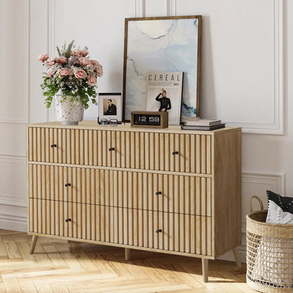 Oubayajia 7 Drawer Double Dresser, Fluted Chest of Drawers, Wood Storage Cabinet for Bedroom, Living Room, Hallway, Walnut