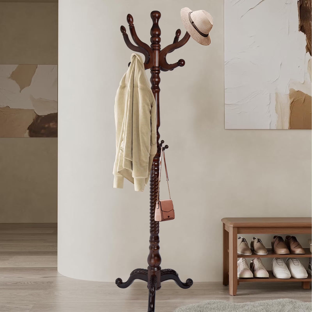 Coat Rack Freestanding, Hall Tree with 11 Hooks, Heavy Duty Wooden Coat Tree Stand, Adjustable Height, Sturdy Base for Bedroom Hallway Office - Load 270lbs