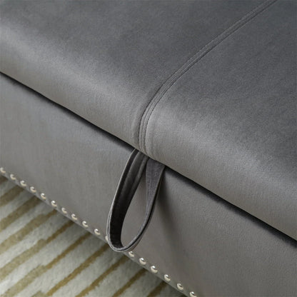 JINS&VICO 63'' Velvet Storage Ottoman Bench, Upholstered Tufted Sofa Stool with Rolled Armrest and Nailhead Trim, Rectangular Chaise Lounge with 1 Pillow for Living Room Bedroom, Gray