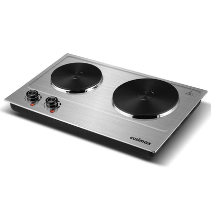 CUSIMAX 1800W Portable Double Burner Hot Plate �?Stainless Steel Countertop Electric Cooktop with Dual Cast Iron Heating Plates, Easy-to-Clean Silver Design, Upgraded Version