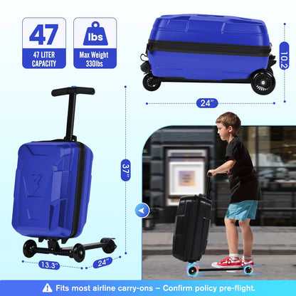 Advwin Ride-On Scooter Suitcase with LED Light-up Wheels, Hardshell Lightweight Foldable Rideable Luggage for Kids & Adults, Silver