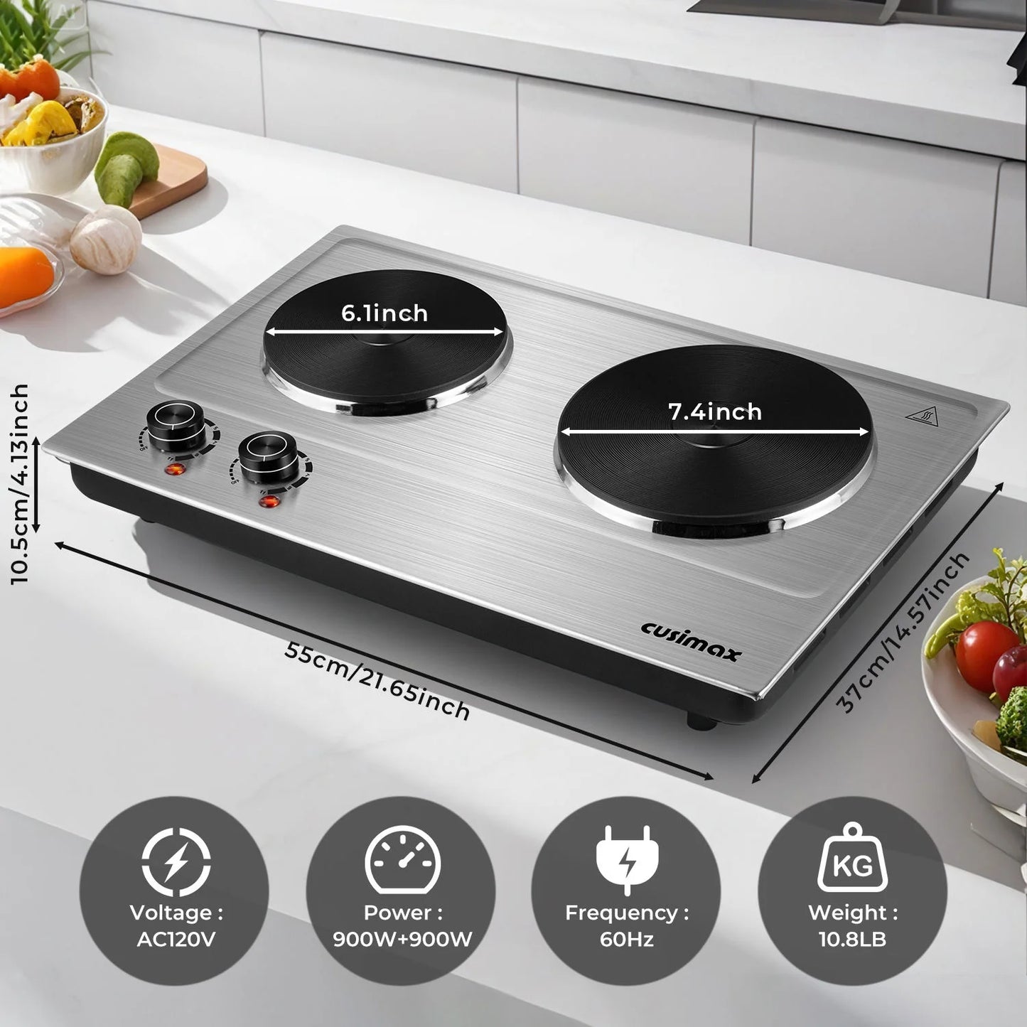 CUSIMAX 1800W Portable Double Burner Hot Plate �?Stainless Steel Countertop Electric Cooktop with Dual Cast Iron Heating Plates, Easy-to-Clean Silver Design, Upgraded Version