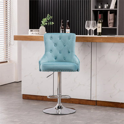 Alexent  2PCS Swivel Bar Stools, High Back, Button Tufted, Silver Footrest and Nailhead Trim Swivel Bar Chairs for Kitchen, Bar Velvet Upholstered Bar Stools, Dark Blue