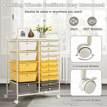 Costway 15 Drawer Rolling Storage Cart Tools Scrapbook Paper Office School Organizer White