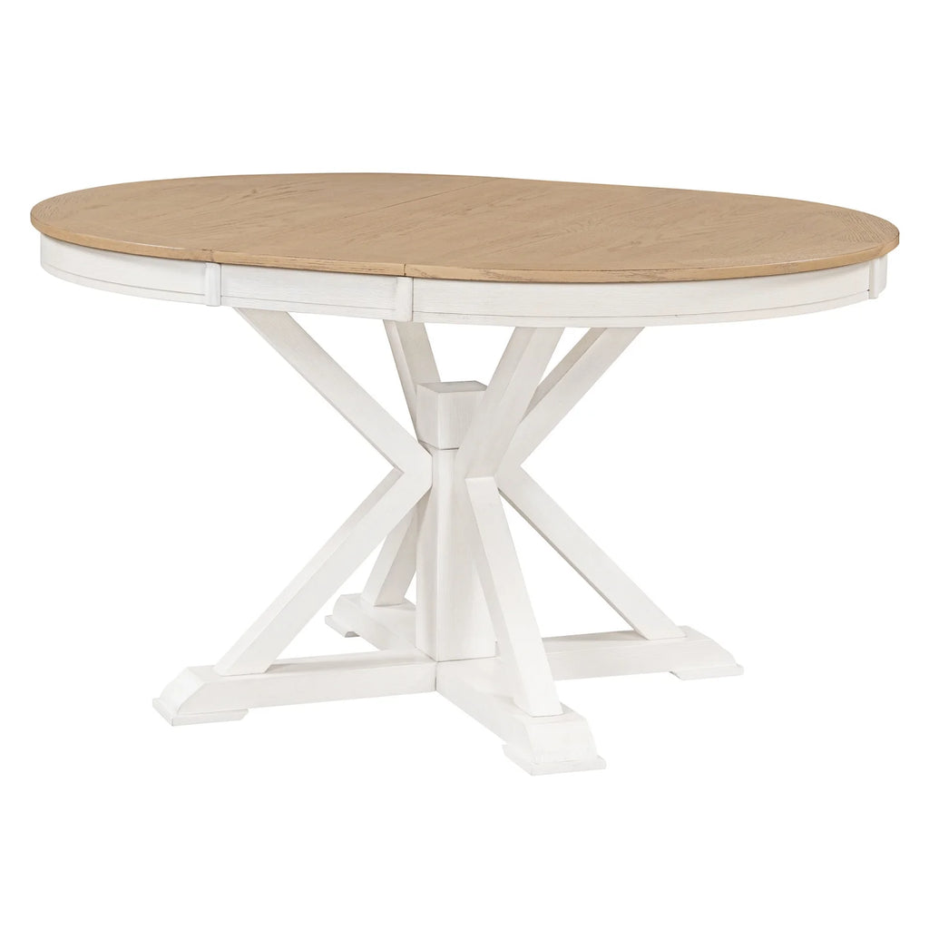 Harper & Bright Designs Round Extendable Dining Table Set for 4, 5 Piece Farmhouse Wood Dining Table Set with 4 Upholstered Dining Chairs, Natural Wood Wash