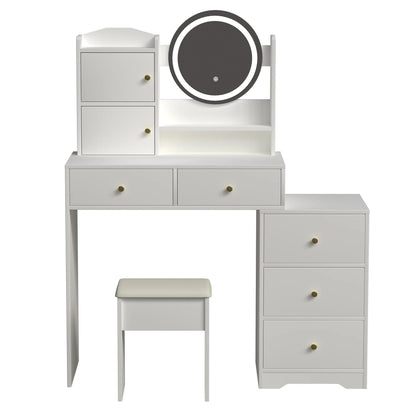 Montary Modern Mini Vanity w/Adjustable LED Mirror + Hidden Storage, Padded Stool & Dustproof Shelves (White)