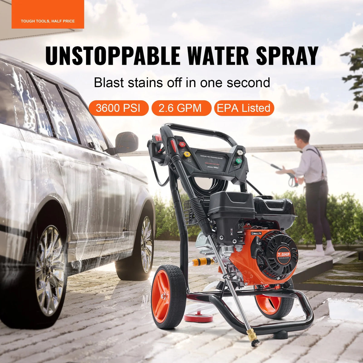 KFFKFF 3600 PSI 2.6 GPM Gas Pressure Washer w/26 ft High Pressure Hose 5 Nozzles Gas Powered Washer