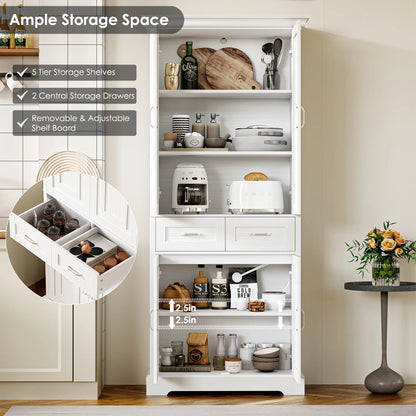 Homfa 70.9'' Tall Kitchen Pantry with 4 Doors, 2 Drawer Modern Freestanding Storage Cabinet for Dining Room Living Room, White