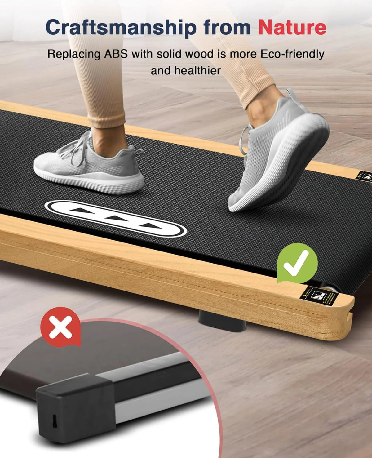 Ecotronic Indoor Electric Walking Pad with Natural Wood Finish, 2.25HP Motor, LED Display, Remote Control, and Incline
