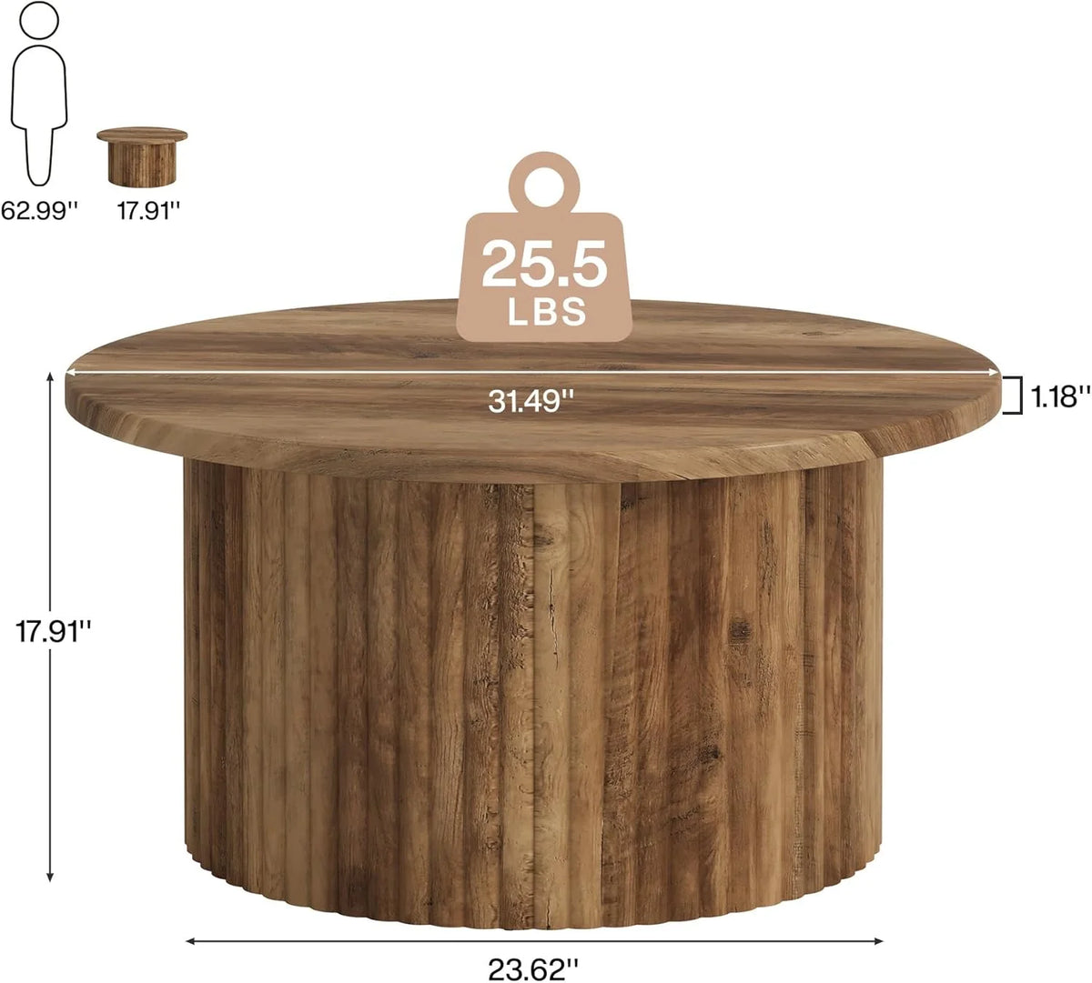 Finmind 31.5" Round Coffee Table, Farmhouse Circle Coffee Table with Metal Base