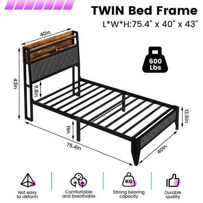 Meteorleg Twin Size Bed Frame with Storage Headboard & Charging Station,Platform Metal Bed Frame with RGB Lights,Grey