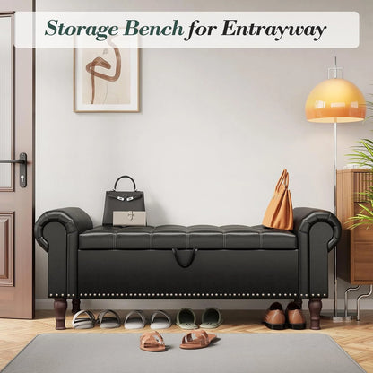 YOUDENOVA Storage Ottoman Bench for Bedroom 51" Queen Leather Storage Bench with Button, Upholstered Bedroom Bench with Rolled Arms for Living Room, Storage Room, Entryway, Gray