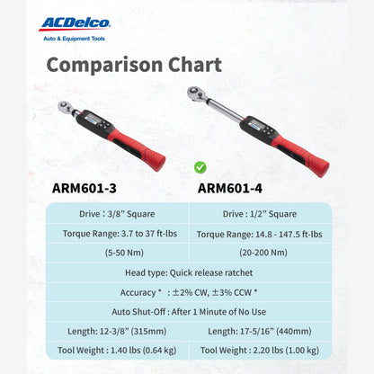 ACDelco ARM601-4 1/2" (14.8 to 147.5 ft-lbs.) Heavy Duty Digital Torque Wrench with Buzzer and LED Flash Notification-ISO 6789 Standards with Certificate of Calibration