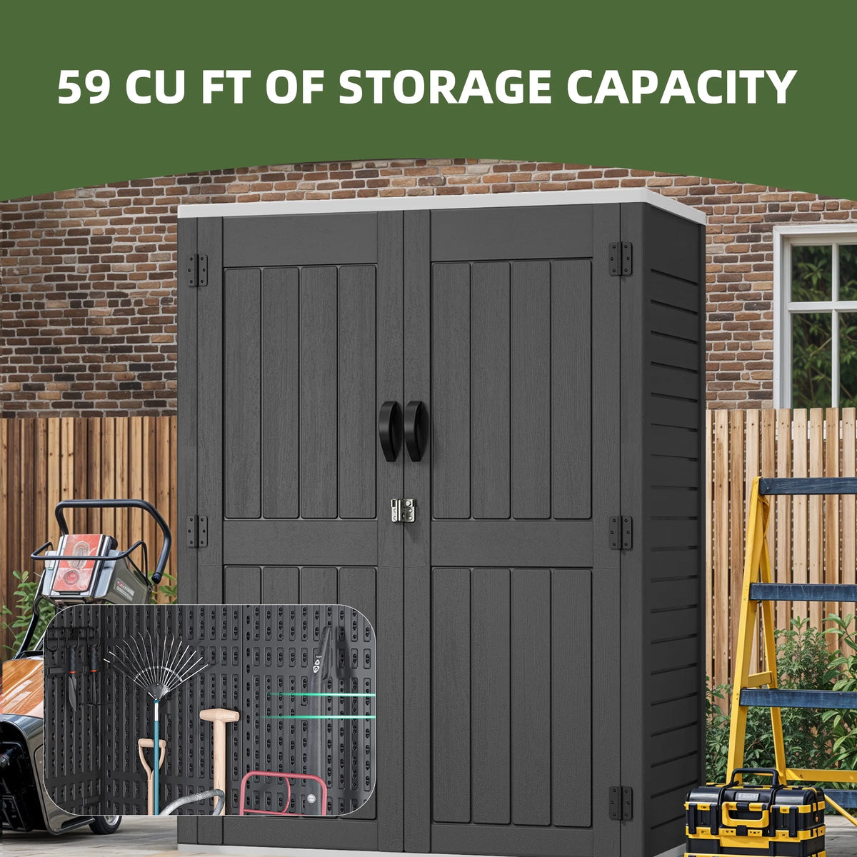 Uforic Outdoor Storage Shed, Vertical Lockable Tool Storage Resin Shed for Garden, Garage, Patio, No Shelves Included, Brown