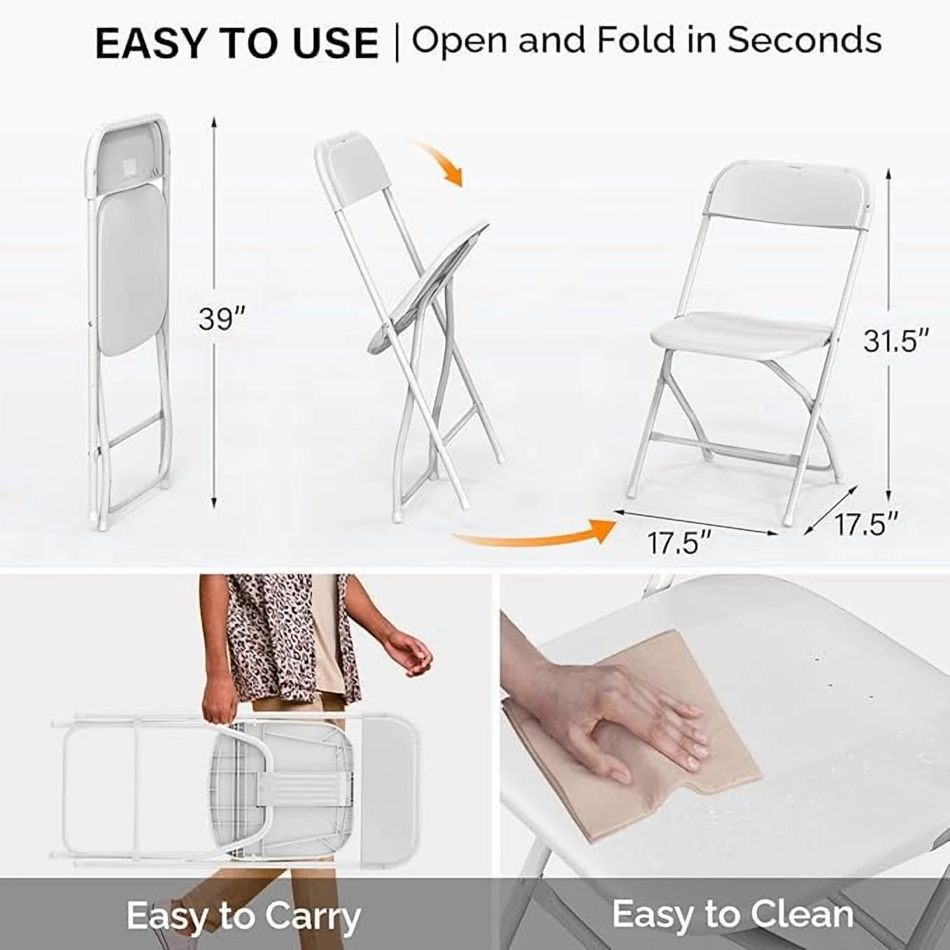 Matladin 20-Pack White Plastic Folding Chair, Outdoor Portable Stackable Commercial Seat with Steel Frame for All Occasions, 350lb Capacity