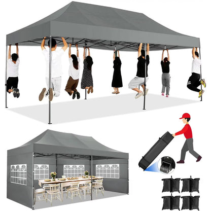 COBIZI 10x20 Heavy Duty Pop up Canopy Tent with 6 sidewalls Easy Up Commercial Outdoor Canopy Wedding Party Tent for Beach All Season Wind & Waterproof Gazebo with Roller Bag,Black(Frame Thickened)