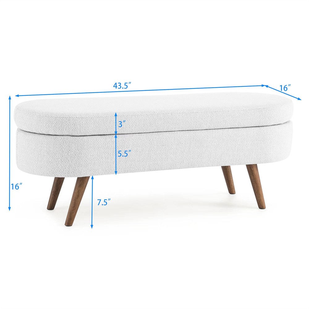 43.5" Oval Storage Ottoman Bench with Solid Wood Legs, Linen Fabric Upholstered Entryway Bench with Safety Hinge, Indoor Bench for End of Bed, Sofa Side, Entryway