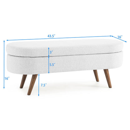 43.5" Oval Storage Ottoman Bench with Solid Wood Legs, Linen Fabric Upholstered Entryway Bench with Safety Hinge, Indoor Bench for End of Bed, Sofa Side, Entryway